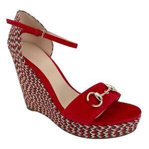 GUCCI Carolina Horsebit Platform Wedge EU 39 US 9 Red Stripe Suede Raffia Sandal